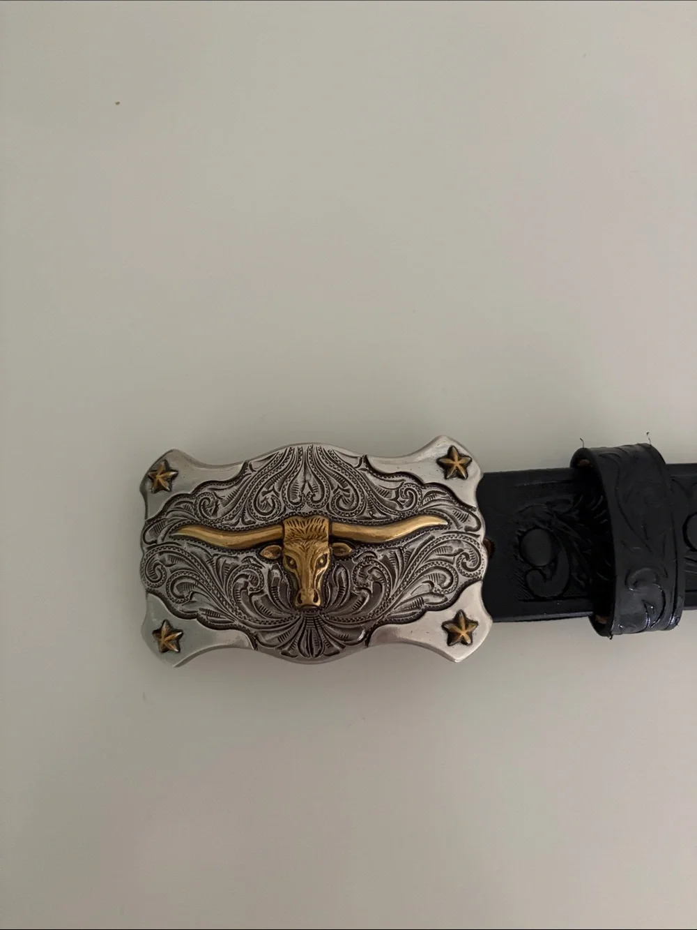 Tony Lama Western Longhorn Belt Buckle with Black Leather Belt